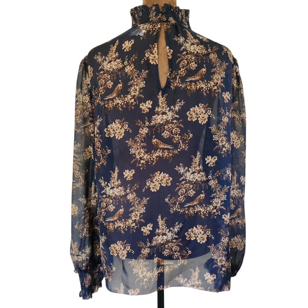 Cami‎ NYC Blouse Top Size M Willa Toile Print Sheer Ulined Long Sleeve Women's